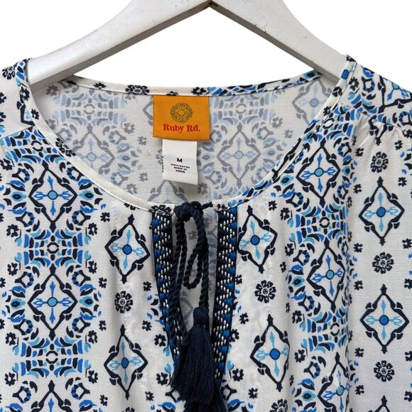 Ruby Rd. Peasant Top Size Medium Blue White Boho Long Sleeve Womens Blouse - Picture 3 of 10